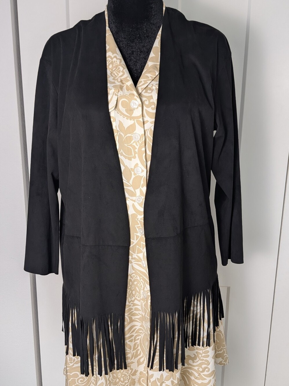Zara women's fringe faux suede open jacket black size oversized XS euc bohemian